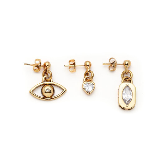 Trio Light Eye, Heart Charm Pinned Earrings - 