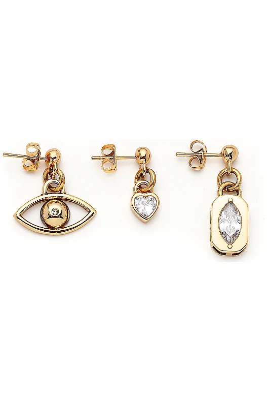 Trio Light Eye, Heart Charm Pinned Earrings 