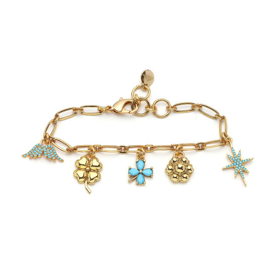 Velina Wing, Clover & Star Charm Gold Plated Chain Anklet - 