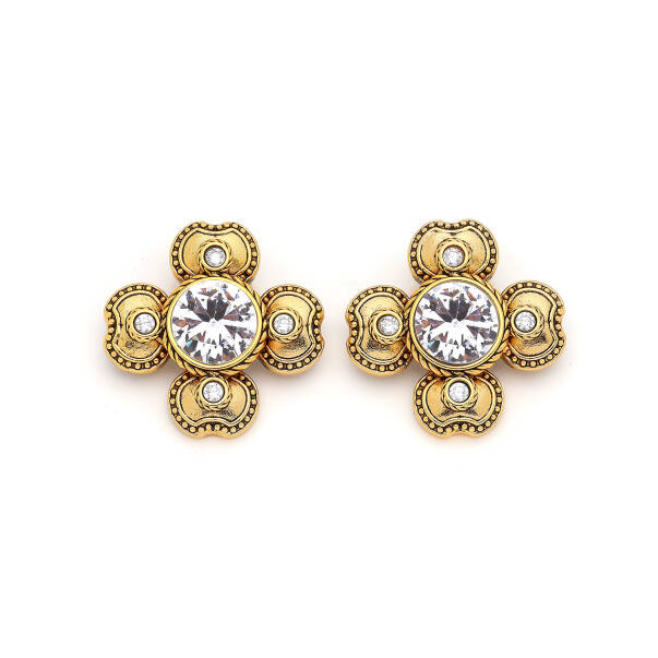 Verdant Gold Plated Zircon Clover Charm Pinned Earrings - 2