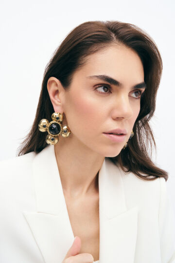 Wanda Clover Black Zircon Gold Plated Pinned Earrings 
