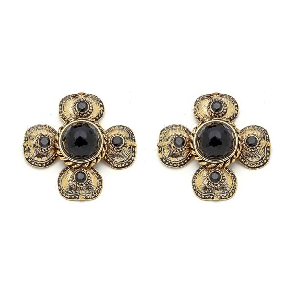 Wanda Clover Black Zircon Gold Plated Pinned Earrings - 2