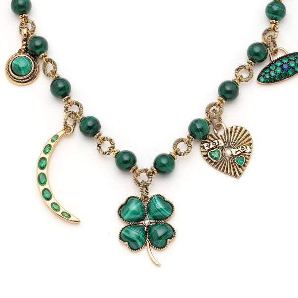 Warmth Heart, Clover, Star and Moon Charm Malachite Natural Stone Necklace - 3