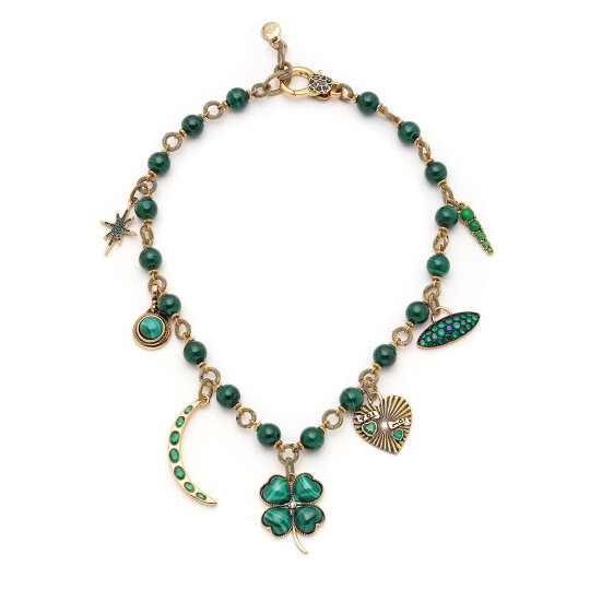 Warmth Heart, Clover, Star and Moon Charm Malachite Natural Stone Necklace - (1)