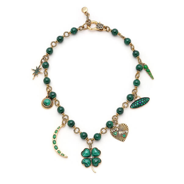 Warmth Heart, Clover, Star and Moon Charm Malachite Natural Stone Necklace - 2
