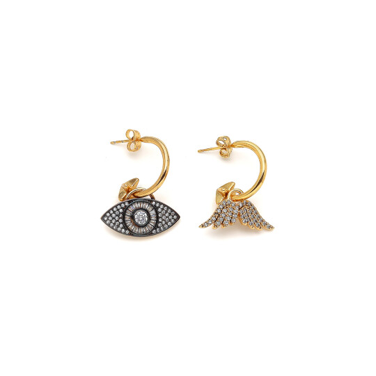 Wings Gold Plated Eye and Angel Wing Charm Pinned Earrings - 