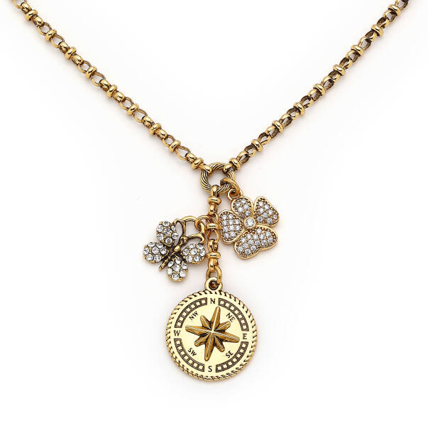 Wish Upon Gold Plated Zircon Butterfly, Clover, Compass Charm Chain Necklace - 2