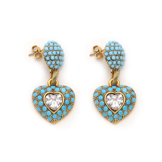 Zelira Heart Charm Turquoise Zircon Gold Plated Pinned Earrings - 