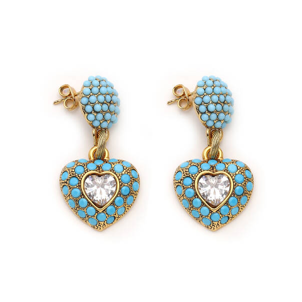 Zelira Heart Charm Turquoise Zircon Gold Plated Pinned Earrings - 1