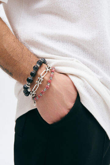 Zenith Black Glass Bead Silver Plated Bracelet - (1)