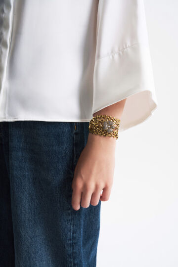 Zinnia Altın Kaplama Yonca Zirkon Charm Çoklu Zincir Bilezik - (1)