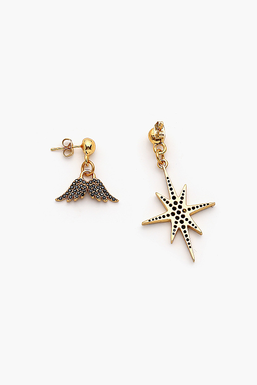 Zora Black Gold-Plated Black Zircon Post Earrings with Star and Wing Charms - (1)